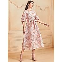 Women's Dress 1pc Floral Print Belted Dress Dress for Women (Color : Pink, Size : Large)
