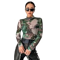 Milumia Women's Casual Tie Dye Mock Neck Tee Sheer Long Sleeve Fitted T Shirts Tops