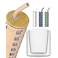 purifyou 20 oz Glass Tumbler with Straw, Bamboo Lid & Protective Silicone Sleeve Double Wall Glass Tumbler with Volume & Time Markings for Hot & Cold Coffee, Smoothie, Boba Tea (Hazelnut)
