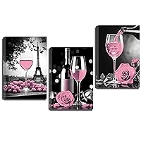 QIXIANG Kitchen Canvas Wall Art 3 PCS Romantic Pink Wine Grape Rose Flowers Eiffel Tower Pictures Prints for Restaurant Bar Decor Framed (Pink, 12.00