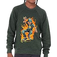 Skateboarder on Fire Kids' Raglan Sweatshirt - Skeleton Sponge Fleece Sweatshirt - Cool Sweatshirt