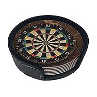 Dart Board Print Leather Coasters Set of 6 Waterproof Heat-Resistant Drink Coasters Round Cup Mat with Holder for Living Room Kitchen Bar Coffee Decor