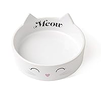 PetRageous 16037 Meow Kitty Dishwasher Safe Stoneware Cat Bowl 5-Inch Diameter 1.5-Inch Tall with 1-Cup Capacity for Cats, White