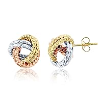 14K Three-Tone Gold Yellow/White/Rose Invert Knot Diamond Cut Stud Earring