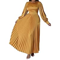Women's Round Long Sleeve Dress Fashion Shiny Maxi Pleated Dress Metallic High Waist Swing Long Dresses