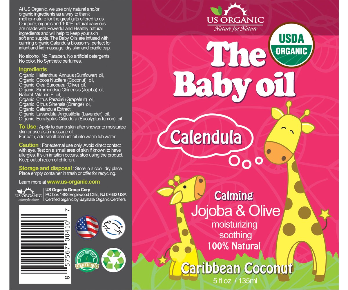 US Organic Baby Oil with Calendula, - Jojoba and Olive Oil with Vitamin E, USDA Certified Organic, No Alcohol, Paraben, Artificial Detergents, Color, Synthetic Perfumes, 5 fl. Oz (Calming Caribbean Coconut)