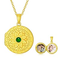 SOULMEET Personalized 10K 14K 18K Gold/Plated Gold Round Emerald Locket Necklace That Holds Pictures Custom Natural Gemstone Locket Pendant Necklace Gift for Wome Men