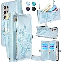 Lacass Crossbody Wallet Case for Galaxy S24 Ultra,[Cards Theft Scan Protection] Card Holder Zipper Flip Leather Cover Wrist Strap Stand for Samsung Galaxy S24 Ultra(Floral Sky Blue)