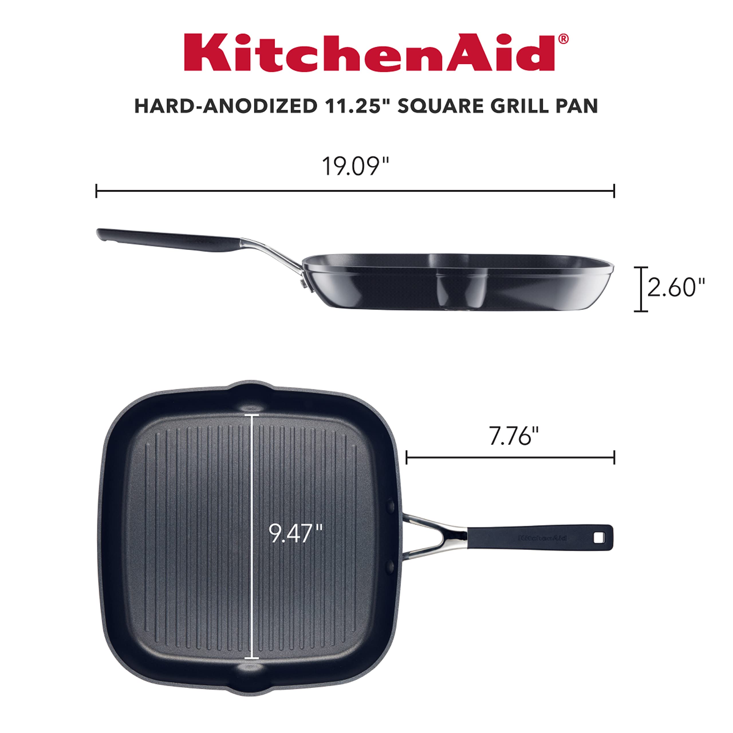 KitchenAid Hard Anodized Nonstick Square Grill Pan/Griddle with Pour Spouts, 11.25 Inch, Onyx Black