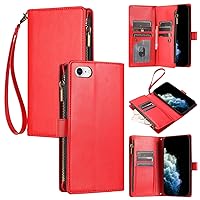 Cell Phone Flip Case Cover 2 in 1 Wallet Case Compatible with iPhone 6/7/8/SE 2020/SE 2022/SE3 Case with Magnetic Flip Cover [Card Slots][Wrist Strap][Detachable Crossbody Strap] (Color : Vermelho)
