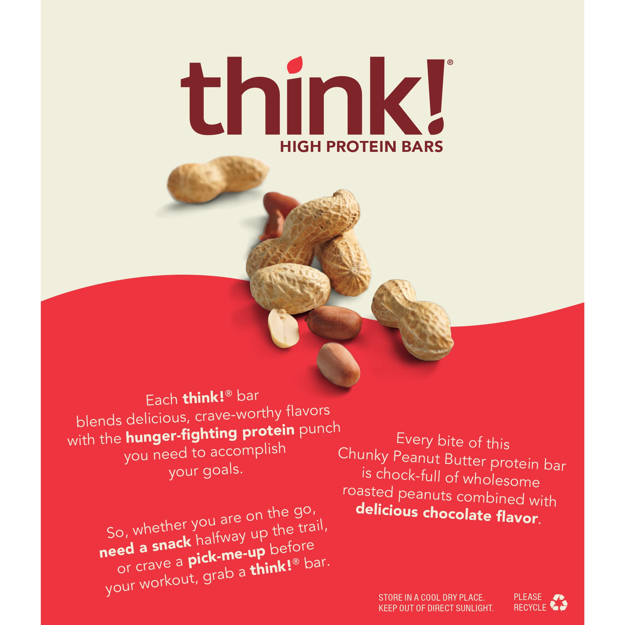 think! Protein Bars, High Protein Snacks, Gluten Free, Sugar Free Energy Bar with Whey Protein Isolate, Chunky Peanut Butter, Nutrition Bars without Artificial Sweeteners, 2.1 Oz (10 Count)