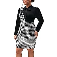 Womens Plus Size Dresses Summer Houndstooth Print Tie Neck Bodycon Dress Without Belt