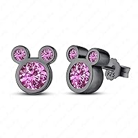 Fashion Mickey Mouse Earrings In 14k Black Rhodium Filled Round Shape Pink Sapphire