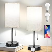 Table Lamps Set of 2, Bedside Lamp for Bedroom, Small Table lamp for Nightstand Living Room, 5000K Pull Chain Desk Lamp with AC Outlet 2PK Black(2 Blubs Included).