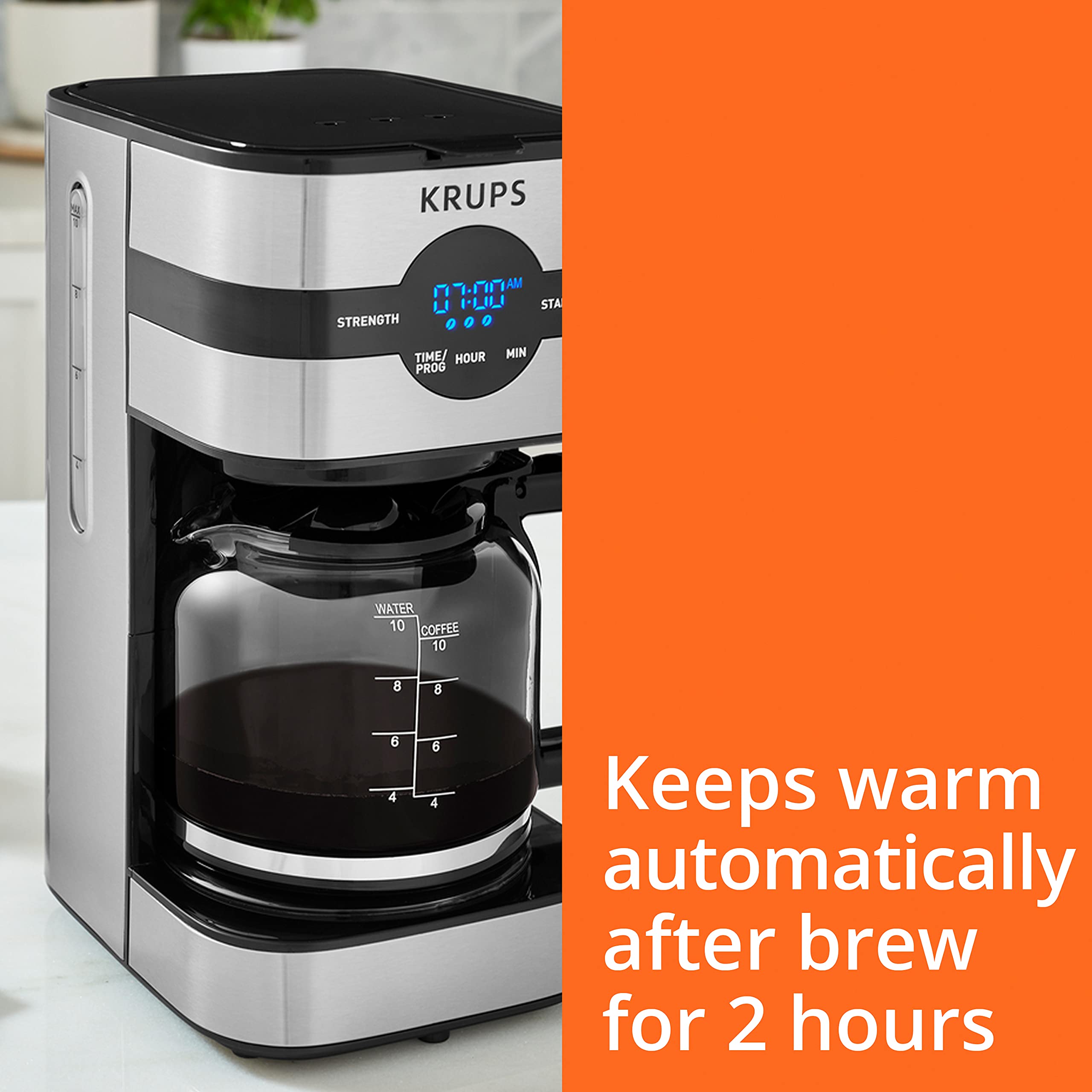 Krups Simply Brew Stainless Steel Drip Coffee Maker 10 Cup 900 Watts Digital Control, Coffee Filter, Drip Free, Dishwasher Safe Pot Silver and Black