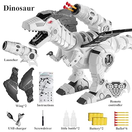 Multifunctional R/C Robotic Dinosaur with Mist Spray and Soft Bullets Shooting, Interactive Electronic Fire Breathing Dragon with Programming, Intelligent Walking T-rex Toy Gift for Kids (White)