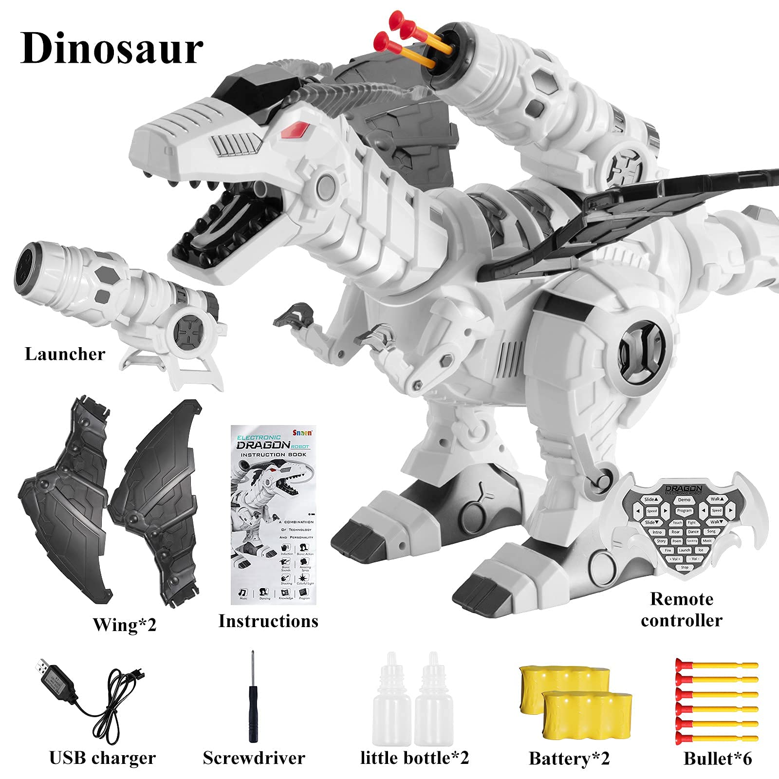 Multifunctional R/C Robotic Dinosaur with Mist Spray and Soft Bullets Shooting, Interactive Electronic Fire Breathing Dragon with Programming, Intelligent Walking T-rex Toy Gift for Kids (White)