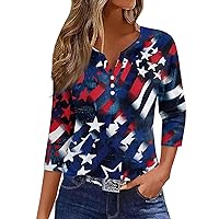 Womens 3/4 Sleeve Tops 4Th of July Flag Shirts Patriotic Stars and Striped Graphic Tees Plus Size Button Down Blouses
