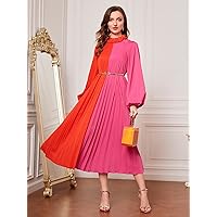 Dresses for Women Two Tone Frill Trim Lantern Sleeve Pleated Dress Without Belt (Color : Multicolor, Size : Large)