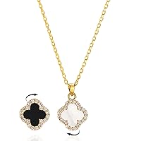 SHINYY 2 Side Crystal Clover Necklace for Women 18K Gold Plated Stainless Steel Four Leaf Lucky Pendant Black & White Cubic Zirconia Jewelry for Mother and Daughter