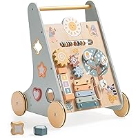 Wooden Baby Walker, Baby Push Walker with Activity Center and Storage for Boys and Girls Learning to Stand and Walk