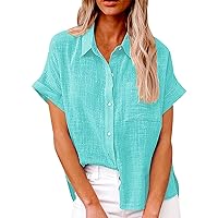 Women's Dressy Casual Tops Business Work Blouses Button Down V Neck Shirts 2024 Summer Cute Cap Sleeve Tshirt (Light Pink,X-Large) Cotton Linen Shirt