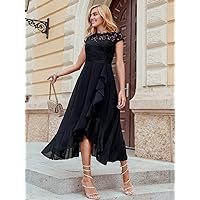Fall Dresses for Women 2022 Embroidered Mesh Bodice Ruffle Hem Prom Dress (Color : Black, Size : Small)
