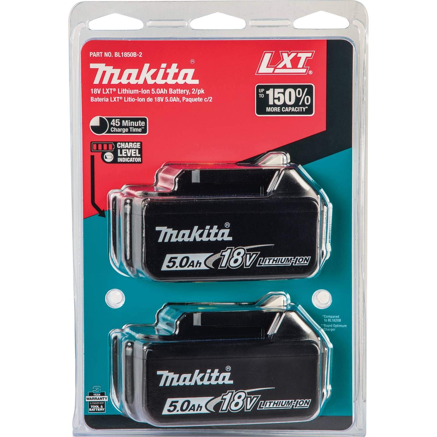 Makita BL1850B-2 18V LXT Lithium-Ion 5.0Ah Battery, 2/pk, Black