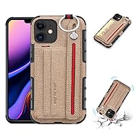 for iPhone 12 Wallet Case with Ring Grip Holder Finger Circle Strap Hand Strap Canvas Cover for iPhone 12 Case with Card Holder Hanging Ring Anti-Shock Shell Case for iPhone 12 Beige