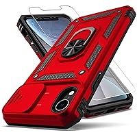 for iPhone XR Case,with Camera Lens Cover HD Screen Protector,[Military Grade] Ring Car Mount Kickstand Hybrid Hard PC Soft TPU Shockproof Protective Case for iPhone XR-Red