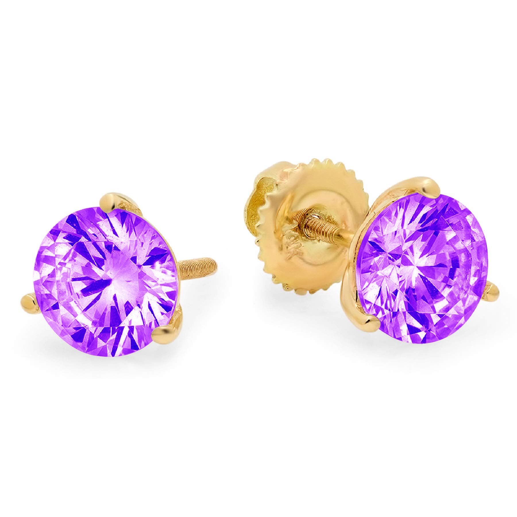 3.9ct Round Cut Solitaire Natural Purple Amethyst gemstone Unisex Designer 3 prong Stud Martini Earrings Solid 14k Yellow Gold Screw Back conflict free Jewelry