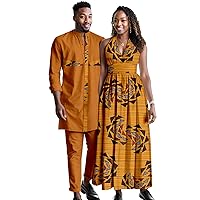 Africa Couples Men's Short Sleeve Top Pants Women's Patchwork Dress Ankara Fabric Chest Split Neckline