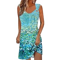 Mini Dress Summer, Maternity Dress Fit and Flare Dress for Women Womens Summer V-Neck Dress Sleeveless Trendy Printed Mini Sling Dress Casual Loose Print Outdoor Dresses Button (Cyan,Small)