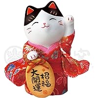 Yakushi Kiln Nishikisai Crepe Oval Maneki Cat (Good Fortune, Small)