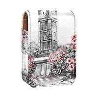 Lipstick Case Vintage Eiffel Tower Big Ben Rose Flowers Mini Lipstick Holder Organizer Bag With Mirror for Purse Travel Cosmetic Pouch
