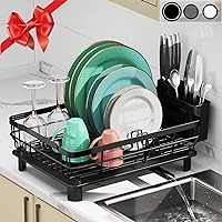 MOUKABAL Dish Drying Rack, Dish Rack,Dish Racks for Kitchen Counter,Dish Drainer with Removable Utensil Holder,Drainboard and Swivel Spout(Black,Metal)