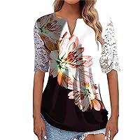 Women's Lace Half Sleeve T Shirts Floral Print Cute Graphic Tops Slim Fit Casual Blouse Fashion Trendy Tees