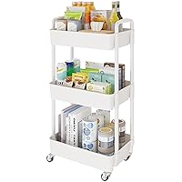 3-Tier Storage Cart,Multifunction Kitchen Storage Organizer,Mobile Shelving Unit Utility Rolling Cart with Lockable Wheels for Bathroom,Laundry,Living Room,With Classified Stickers,White