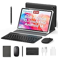Headwolf Android 14 Tablet with Keyboard, Octa Core FHD 1920 * 1200 Display 2 in 1 10 inch Tablet with Case Mouse Stylus, 8GB RAM + 128GB ROM, Widevine L1 Support, 5500mAh Battery, WiFi Tablet PC