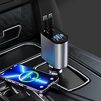 Retractable Car Charger, 4 in 1 Retractable Car Charger, 100W Dual Ports Fast Charger, Cigarette Lighter Car Charger for iPhone 15/14/13/12/11, iPad, Galaxy
