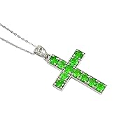 Natural Green Garnet Tsavorite 4 MM Round Cut Holy Cross Pendant Necklace 925 Sterling Silver January Birthstone Tsavorite Jewelry Proposal Silver Necklace Gift For Girlfriend (PD-8526)