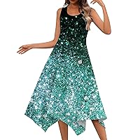 Summer Dress for Women Floral Dress for Women Print Casual Bohemian Elegant Loose Fit with Sleeveless Round Neck Swing Tunic Dresses Cyan XX-Large