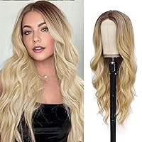 Ombre Honey Blonde Wavy Wigs for Women Middle Part Curly Hair Wig Natural Soft Synthetic Fiber Wig for Daily Party Use(Ombre Honey Blonde)