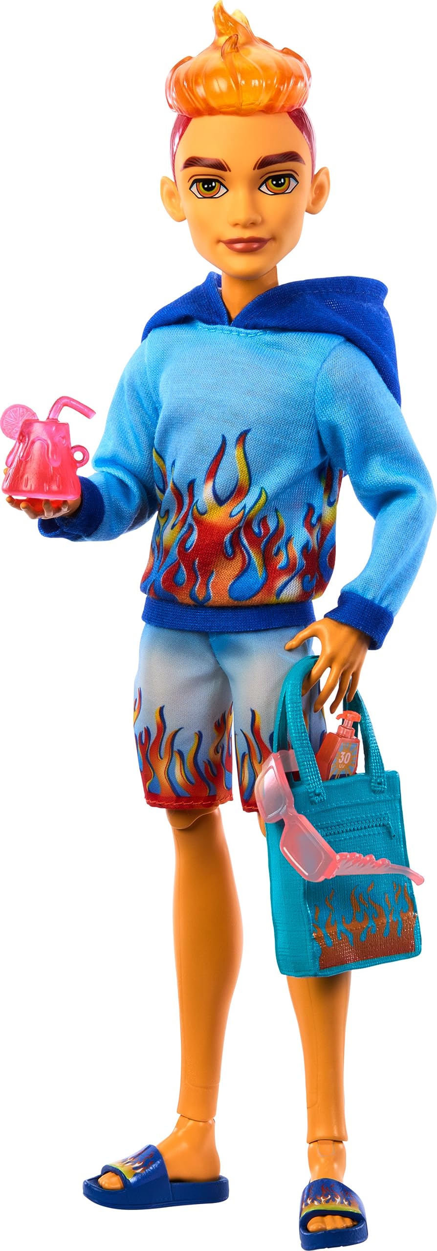 Monster High Scare-adise Island Heath Burns Doll with Flame Hoodie, Swim Trunks and Beach Accessories Like Sunglasses