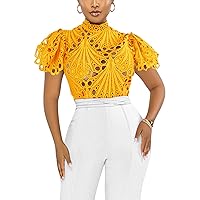 Doweha Women’s Sexy Ruffle Long Sleeve Summer Lace Tops 2024 Puff Flare Shirt V Neck Hollow Out Button Down Tunic Blouses