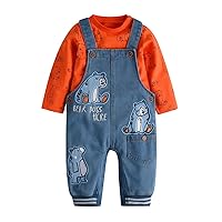 Cute Baby Boy Clothes Suit Toddler Boys' Striped long Sleeve T-Shirt+Denim Overalls Jumpsuit Pants Outfits Sets (0-3 months,Orange Bear)