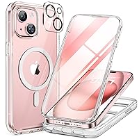 Miracase Glass Series for iPhone 15 Case [Compatible with MagSafe] Full-Body Magnetic Case with Built-in 9H Tempered Glass Anti-Fingerprint Screen Protector + Camera Lens Protector, Clear