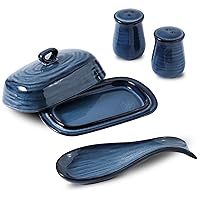 Hasense Ceramic Butter Dish and Spoon Rest, Salt and Pepper Shakers 4 in 1 Set, Blue Table Decor and Accessories for Cooking Lovers, Home and Kitchen Gift