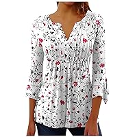 Button Down Shirts for Women Fall Tops Floral Print 3/4 Sleeve Tunic Short Sleeve Henley V Neck Autumn Tee Blouses