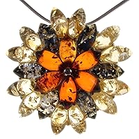 BALTIC AMBER AND STERLING SILVER 925 MULTI-COLOURED FLOWER LEAF PENDANT NECKLACE - 10 12 14 16 18 20 22 24 26 28 30 32 34 36 38 40